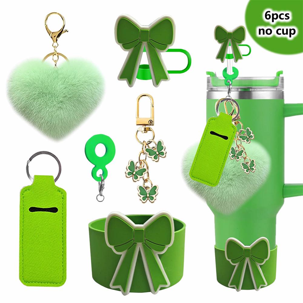 

6 шт. силиконовые сапоги для бутылок с водой, крышка с бантом, соломенная крышка, пробка, не проливающаяся, бабочка, подвеска, цепочка, помада, сумка, аксессуары для чашек зелёный