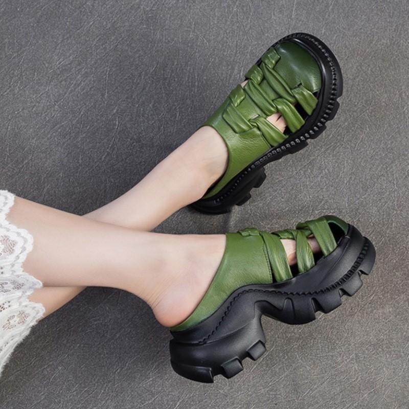 Fashion GKTINOO 2025 Summer New Retro Height Increasing Genuine Leather Slippers Hollow Out Lightweight Women's Platform Shoes