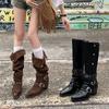 Design American Spice Girl Retro Riveted Knight Boots Black Punk Pants Boots Small Man But Knee Boots