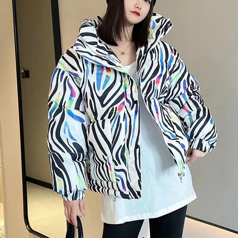 

Корейские свободные хлопковые стеганые пальто с капюшоном, женские утолщенные женские парки в полоску, ветрозащитные теплые пуховые хлопковые куртки, женские 2023