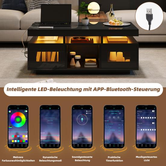 100x50x43cm Schwarzer Hochglanz-Couchtisch, mit steuerbaren LED-Leuchten, Mobile App, Wohnzimmertisch mit Schrank, Sofatisch mit Ladeanschluss und