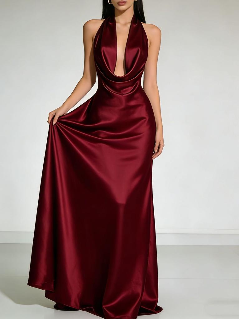European and American summer neck halter satin evening dress dress, high-end party sexy bridesmaid dress
