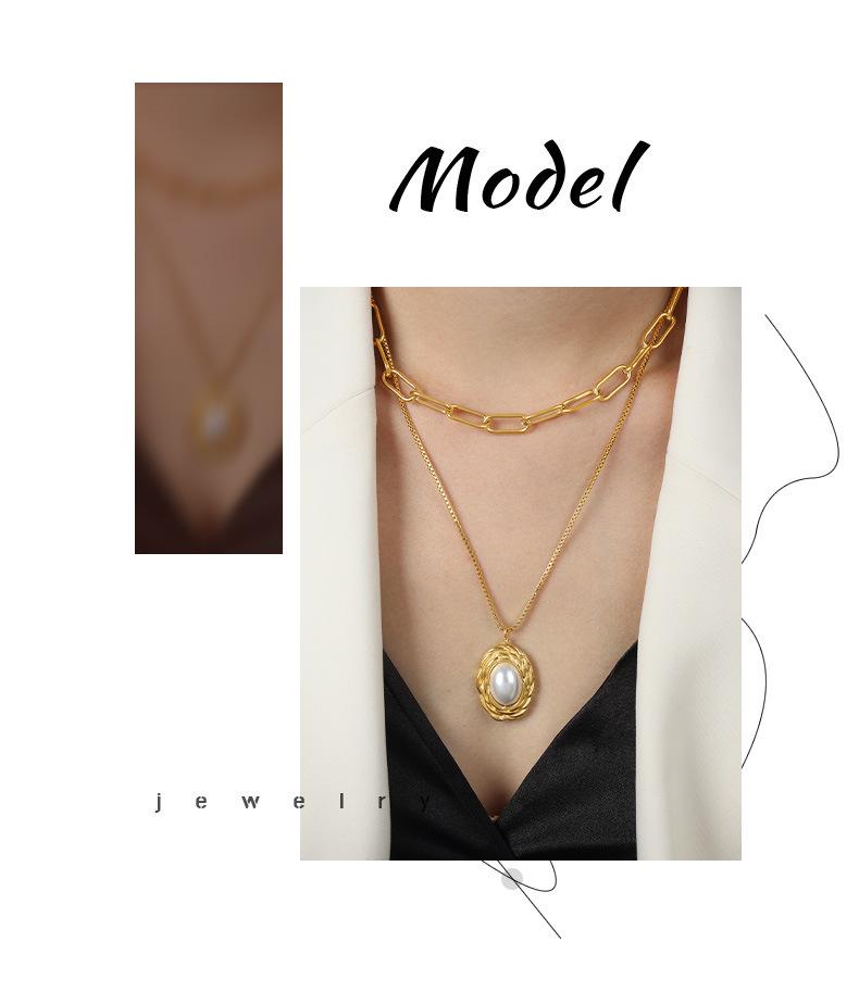 Vintage Gold-Plated Titanium Double Layer Necklace with Pearl Pendant