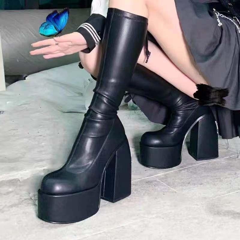 Fashion Comemore Women Punk Style Autumn Winter Chunky Platform High Boot Party Shoes Ladies Black Thick Heels Elastic Knee High Boots