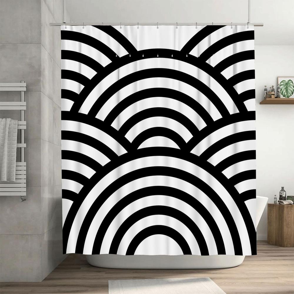 Modern Black White Stripes Shower Curtain for Bathroom Decor High Quality Waterproof Fabric with Ring Holder Set (White)