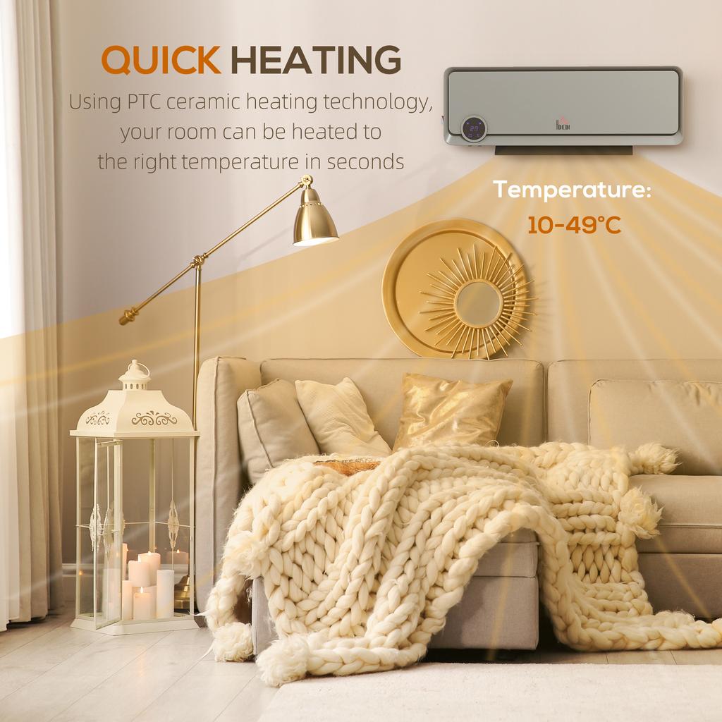 Wall Downflow Heater 2 Heat and Fan 1000W/2000W, Electric Space Heater with Timer Remote Oscillating, for Bedroom Home Office, Grey
