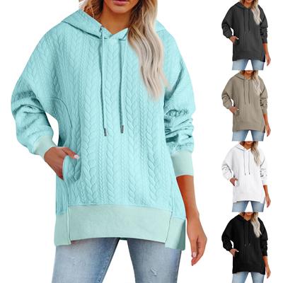 Feminino elegante cor sólida manga comprida com capuz bolso pulôver casual moletom top