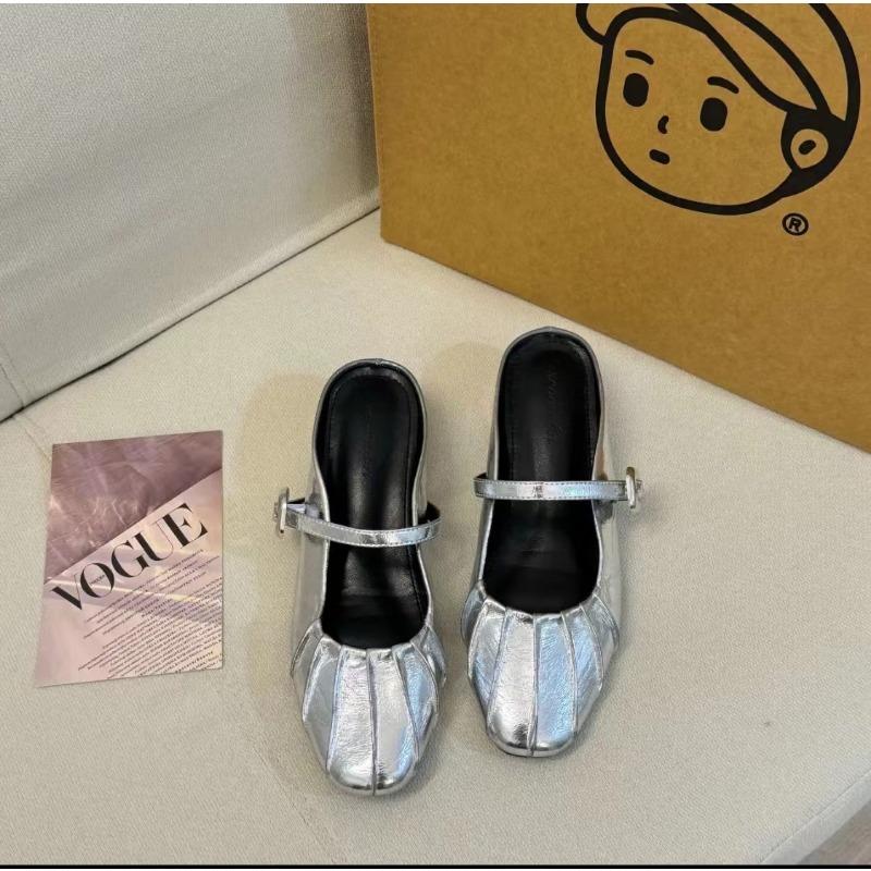 Baotou Half Slippers Women's Summer Outer Wear Sheepskin Inner Height Increase Small Lazy Pedal Silver Mary Jane Women's Shoes