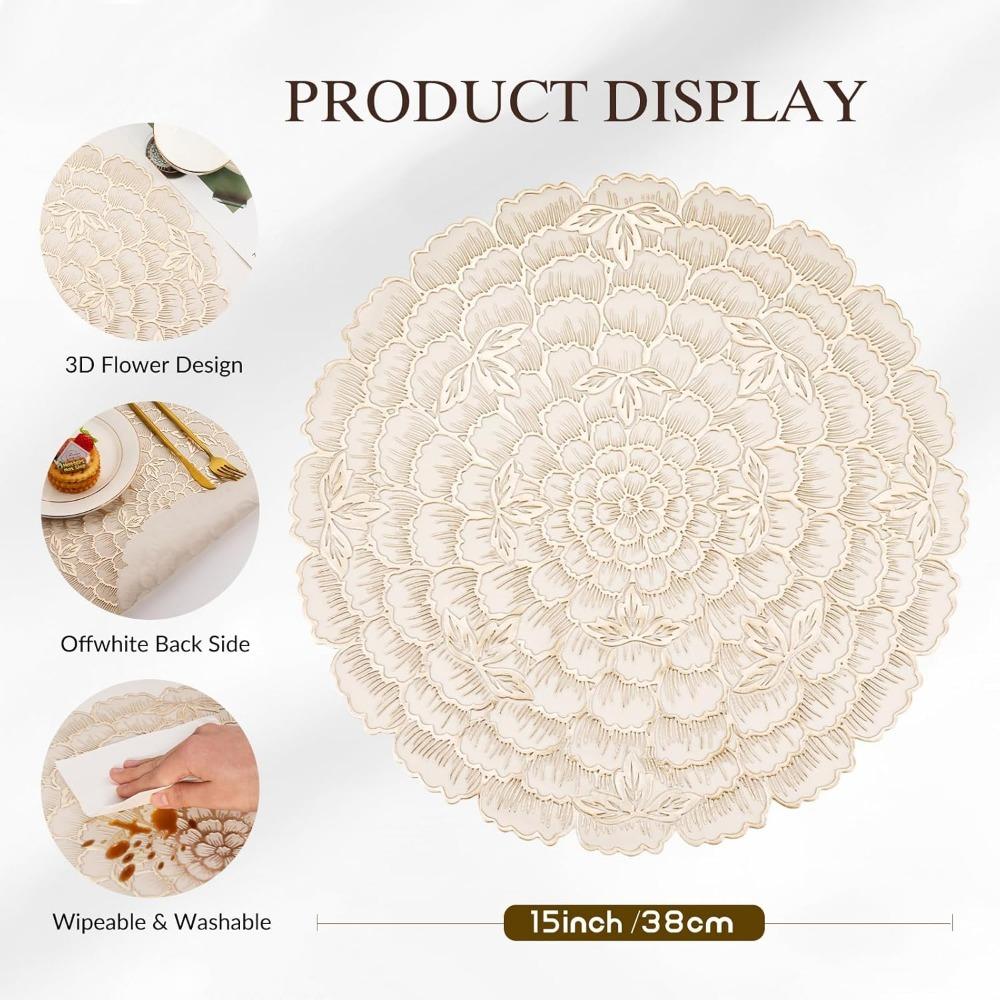 Creative Kitchen Round Placemats Gold PVC Place Mats Flower Leaf Washable Dining Table Mats Party Table Decorative