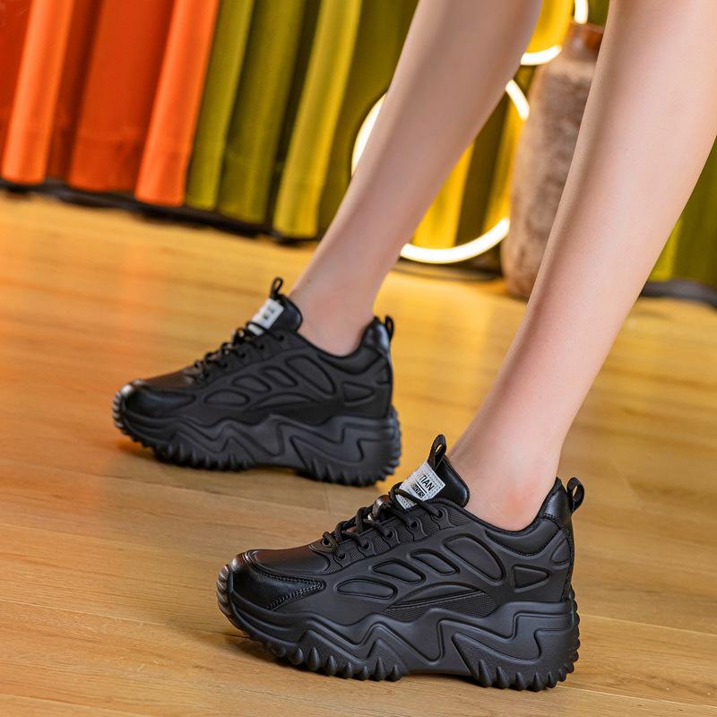 Genuine Leather Shoes Women Fashion Sneakers Flat Platform Height Increasing Shoes 7cm Brand Ladies Breathable Mesh Casual Shoes Black Beige