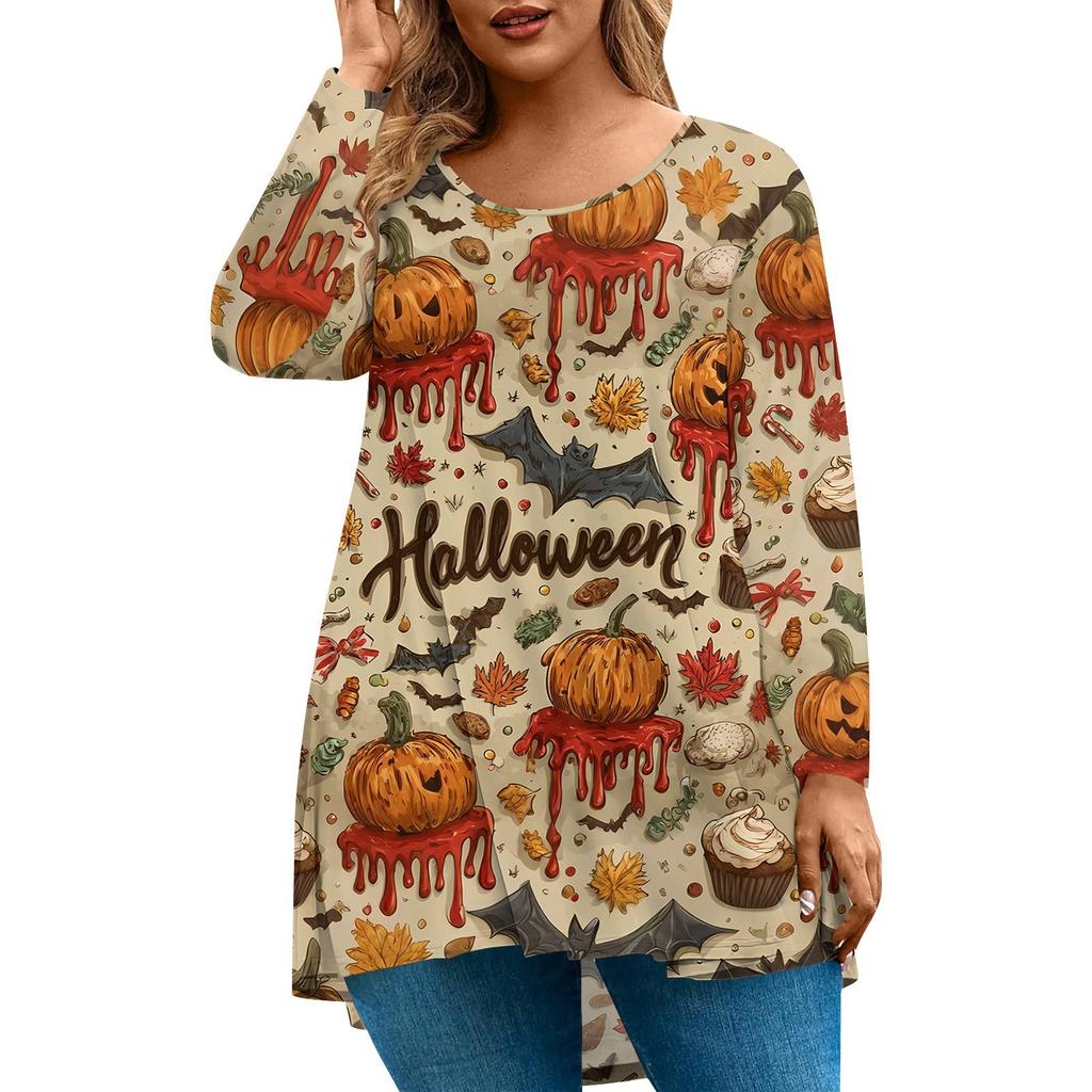 Women's Fashion Large Size Round Neck Long Sleeve Casual Halloween Print Loose Pullover Top