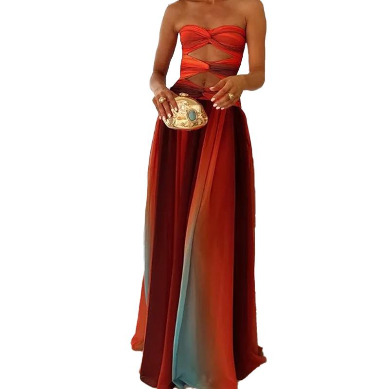 Women's clothing, European and American spring new models, holiday style sexy tube top hollow gradual change color dress