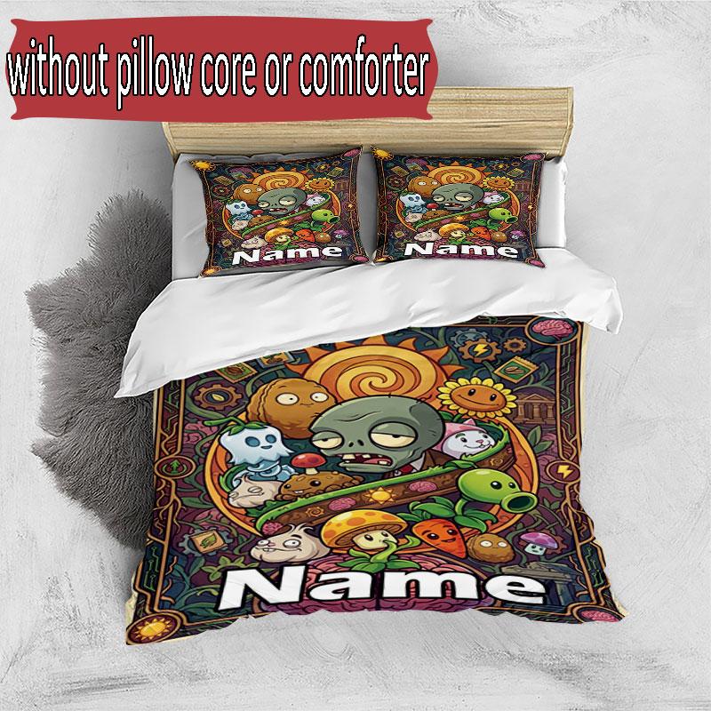 3pcs Duvet Cover Set (1*Duvet Cover + 2*Pillowcase, Without Core), Custom Name Plants VS Zombies Pattern Bedding Set, Home Bedroom Decor Gift