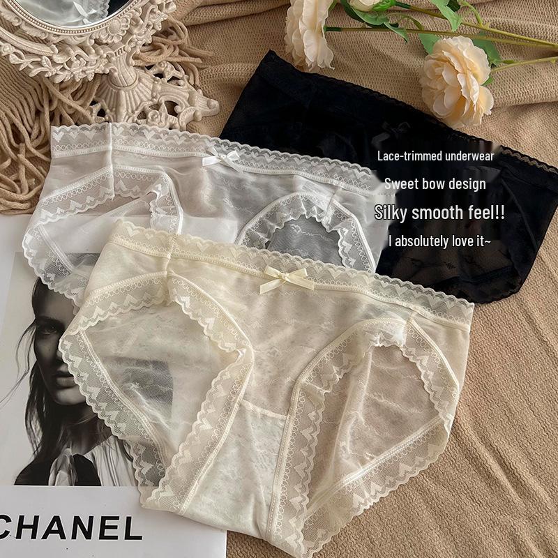 French Lace Ice Silk Mid-Waist Panties - Women's Sexy Semi-Transparent Seamless Briefs with Soft, Breathable Crotch