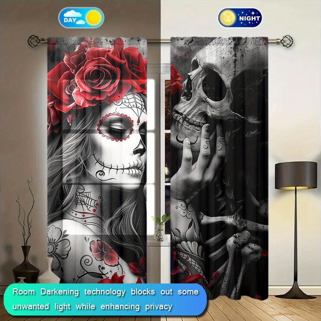 2pcs Skeleton Love Printed Curtain for Home Decor - Rod Pocket Window Treatment for Bedroom, Office, Kitchen and Living Room