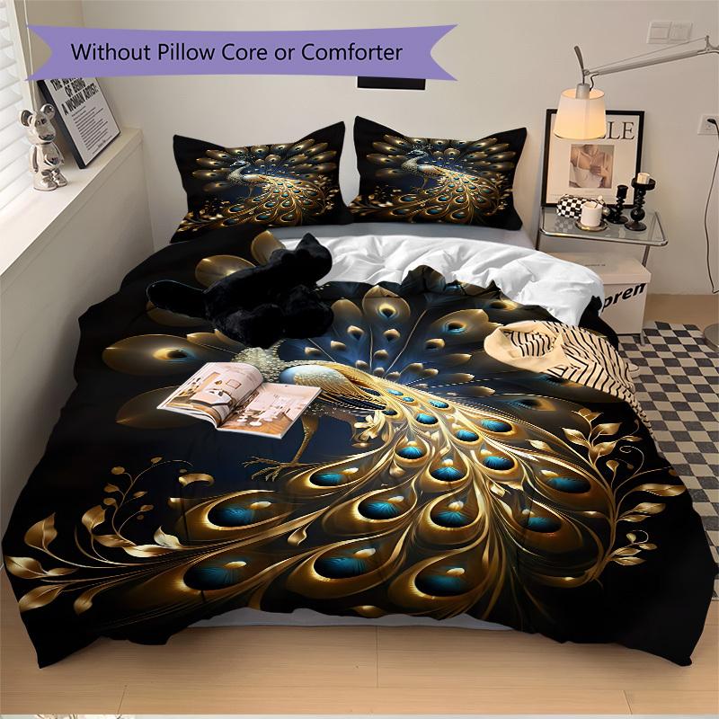 3pcs Golden Peacock Feather Duvet Cover Set - Machine Washable, Includes 1 Cover and 2 Pillowcases, No Core Included Yy251013029