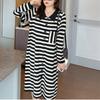 Lazy Wind Striped Knitted Dress Femininity Autumn New Retro Loose Medium and Long Sweater Skirt