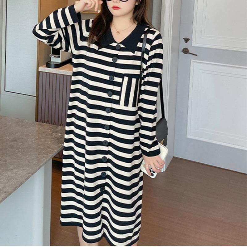 Lazy Wind Striped Knitted Dress Femininity Autumn New Retro Loose Medium and Long Sweater Skirt