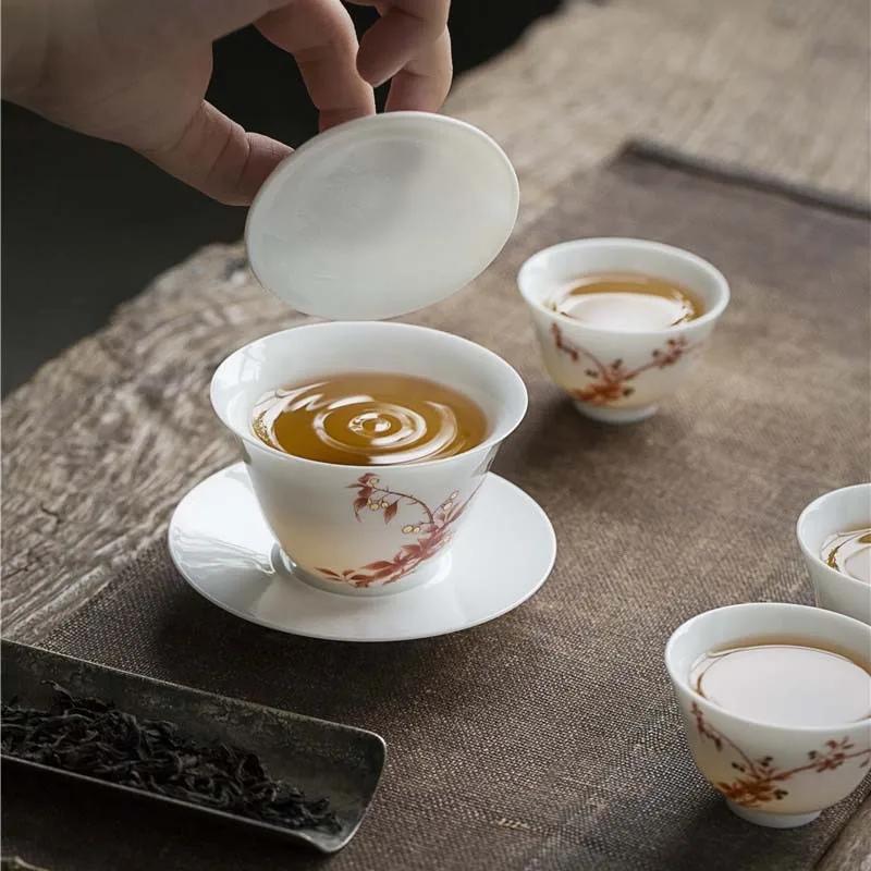 Weiße Keramikschale mit Deckel Hammelfett-Jaspis Teeschale Handbemalt Blau und Weiß Gaiwan Haushalt Kung Fu Schale