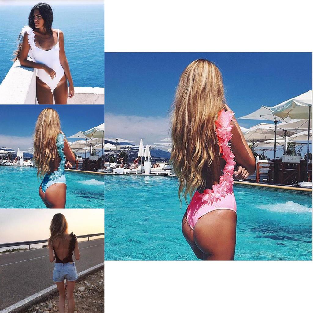 Prémiová kvalita Letní Sexy Dámský V-výstřih Sametové Růžové Lístky Bez Zad Bikini Bodysuit Pro Bezstarostný Styl