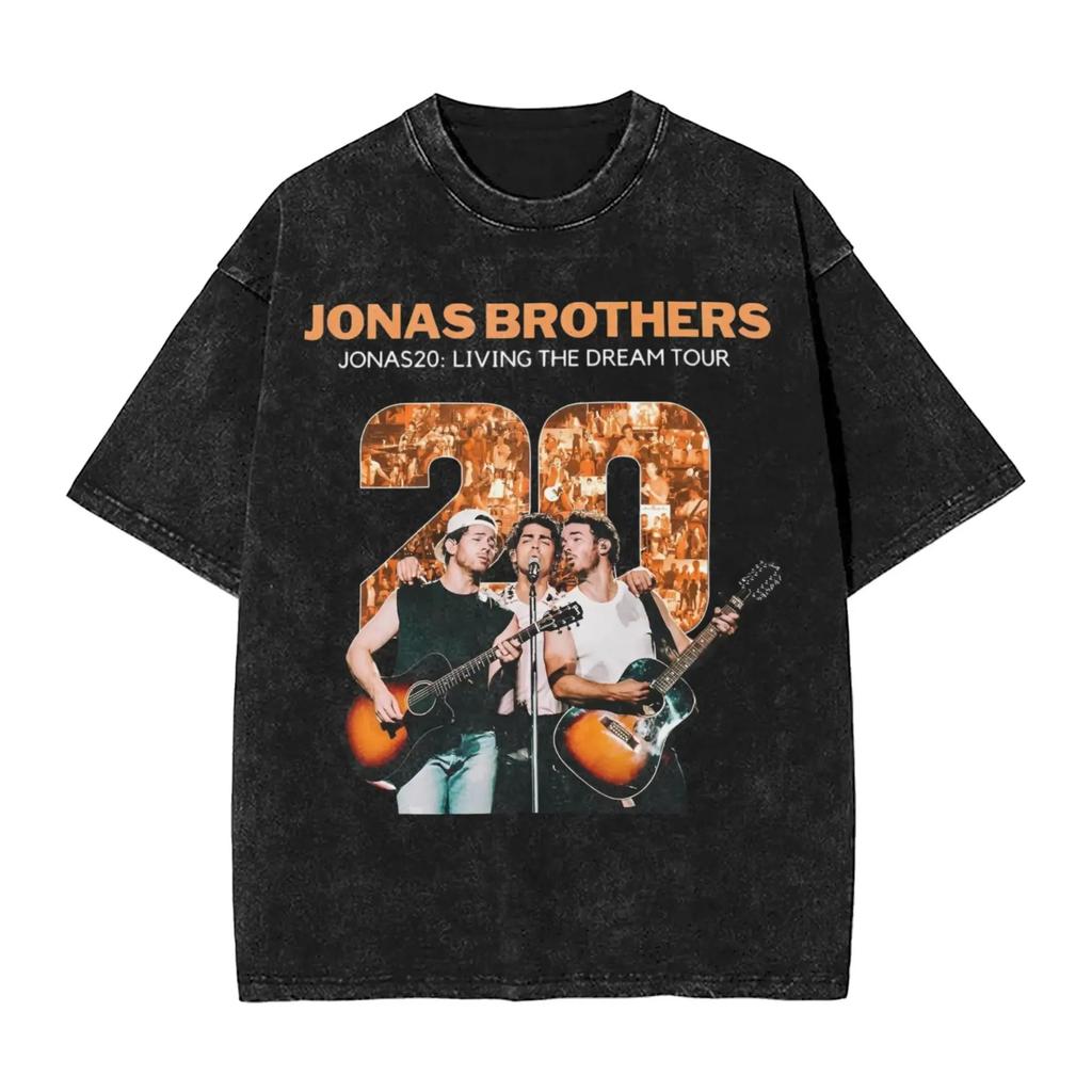 Summer Tee Hot Sale Jonas Brother th Anniversary Poster Print TShirt Unisex Women Vintage Washed Cotton Oversized Harajuku Style
