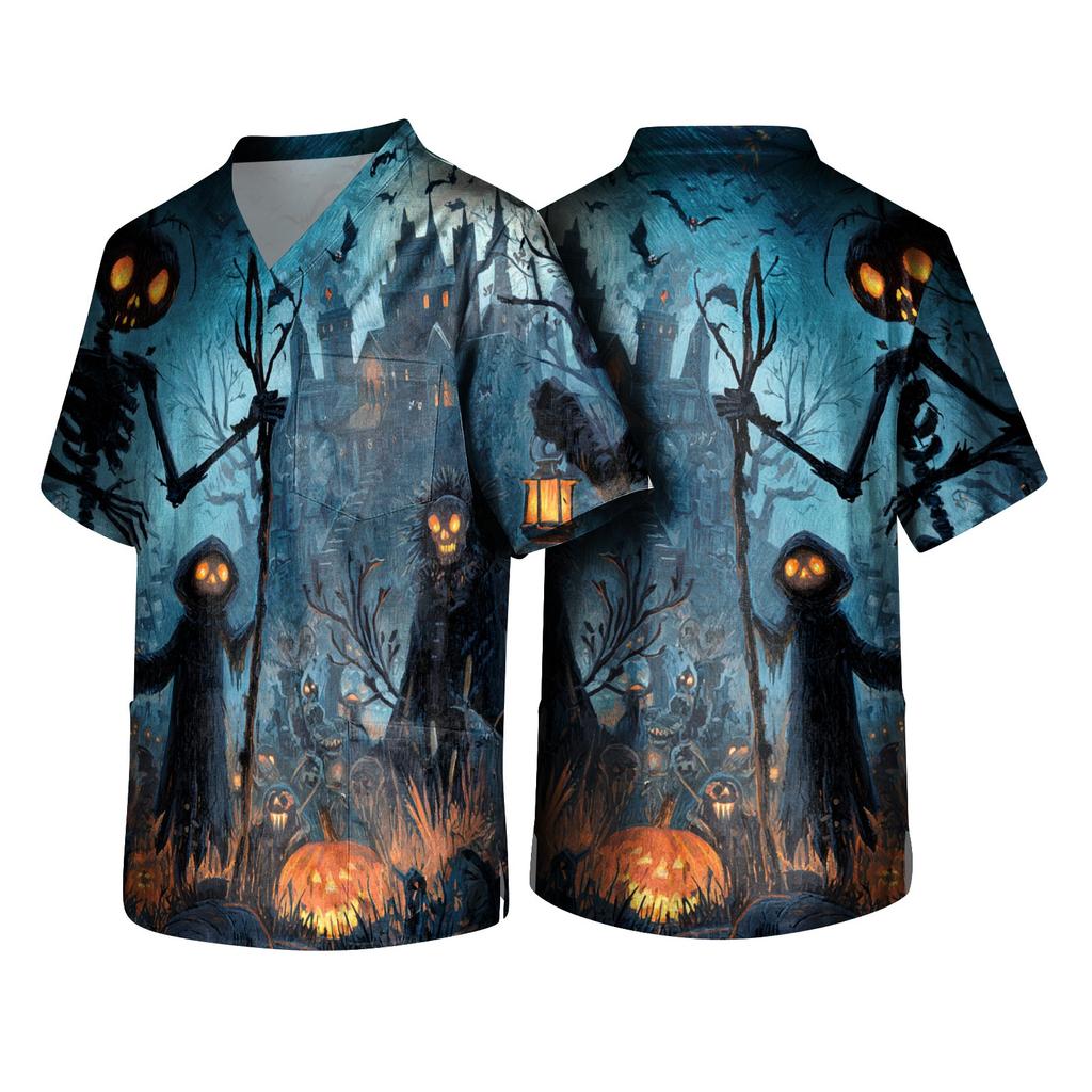 Men's Halloween Print V Neck Pocket Scrub Top Short Sleeve Medical Uniform Shirt for Healthcare Professionals
