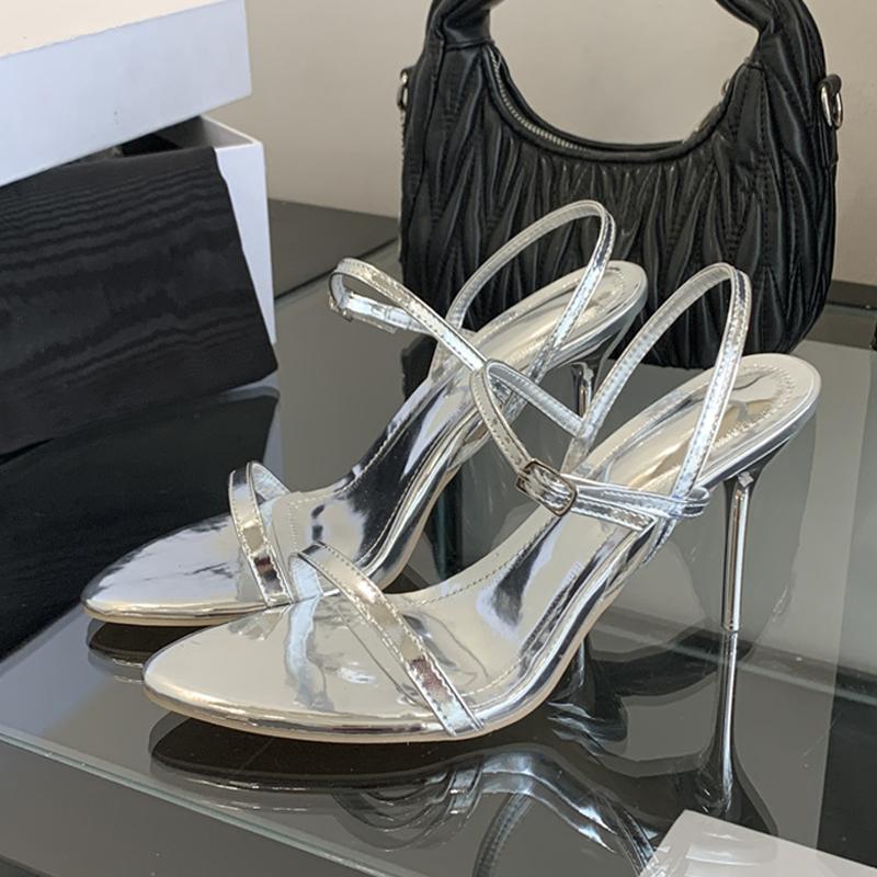 Gold Silver Patent Leather Women Sandals Fashion Round Open Toe Gladiator High Heels Party Dress Shoes Sandalias De Mujer