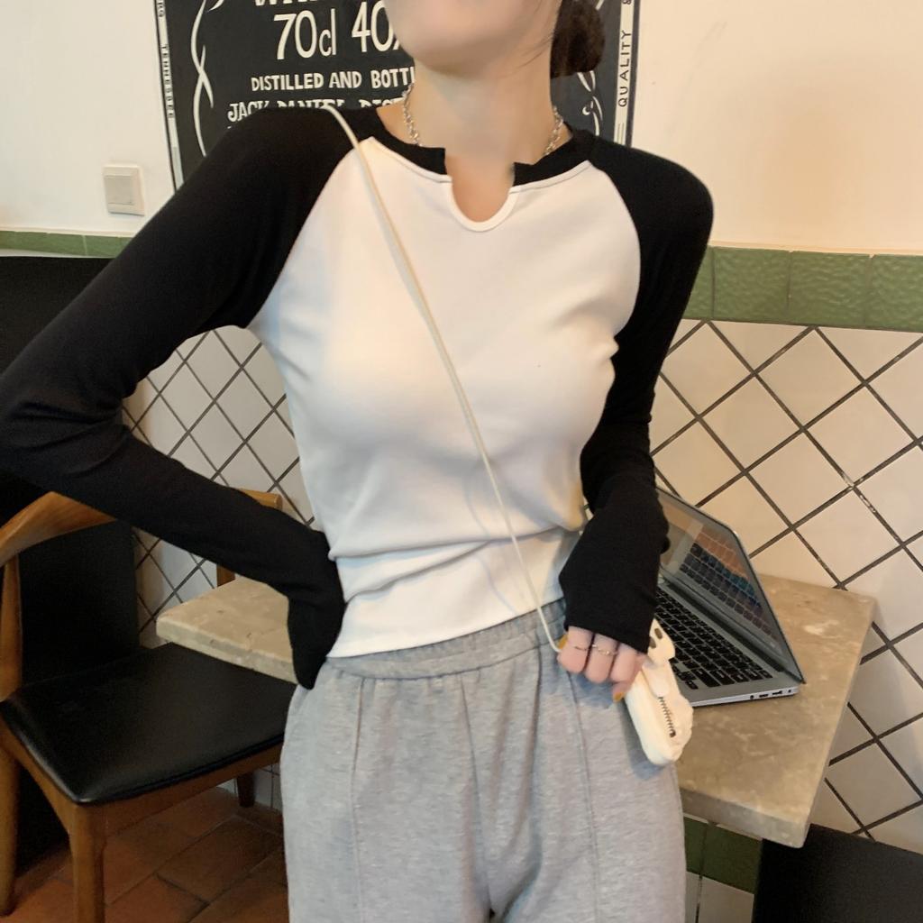 Designed Contrasting Color Half-open Collar Slim Fit Long-sleeved T-shirt Women's Early Autumn New Versatile Student Tops
