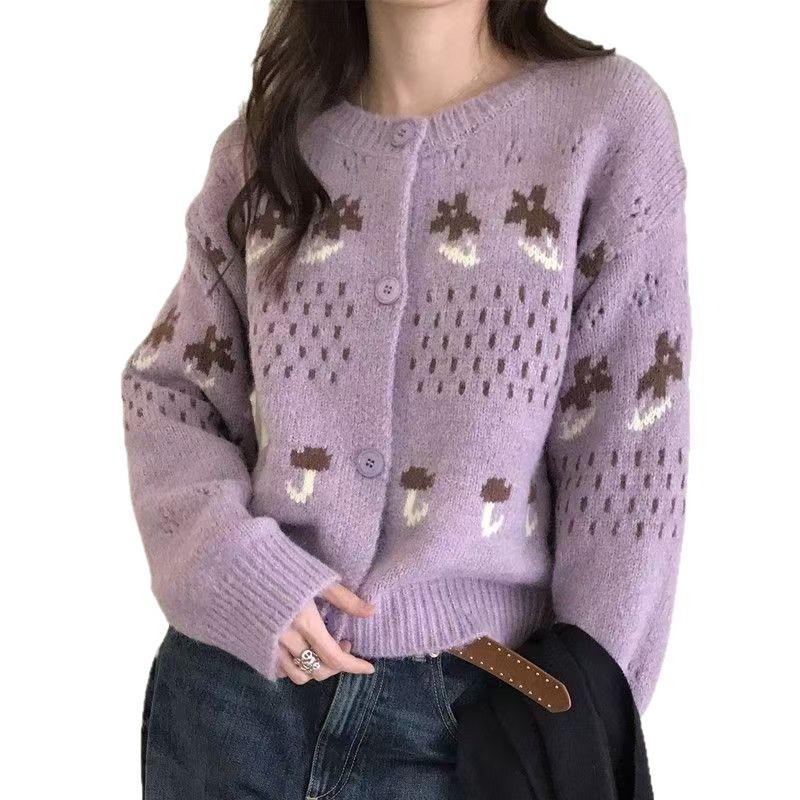 Vielseitiger grauer Jacquard-Strickcardigan mit Rundhalsausschnitt und langen Ärmeln – Damen Herbst/Winter 2025 Stil