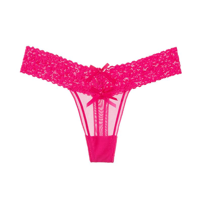 Women's Summer Sexy Lace Hollowed-out Mesh Bow Solid Color Low Rise Panties
