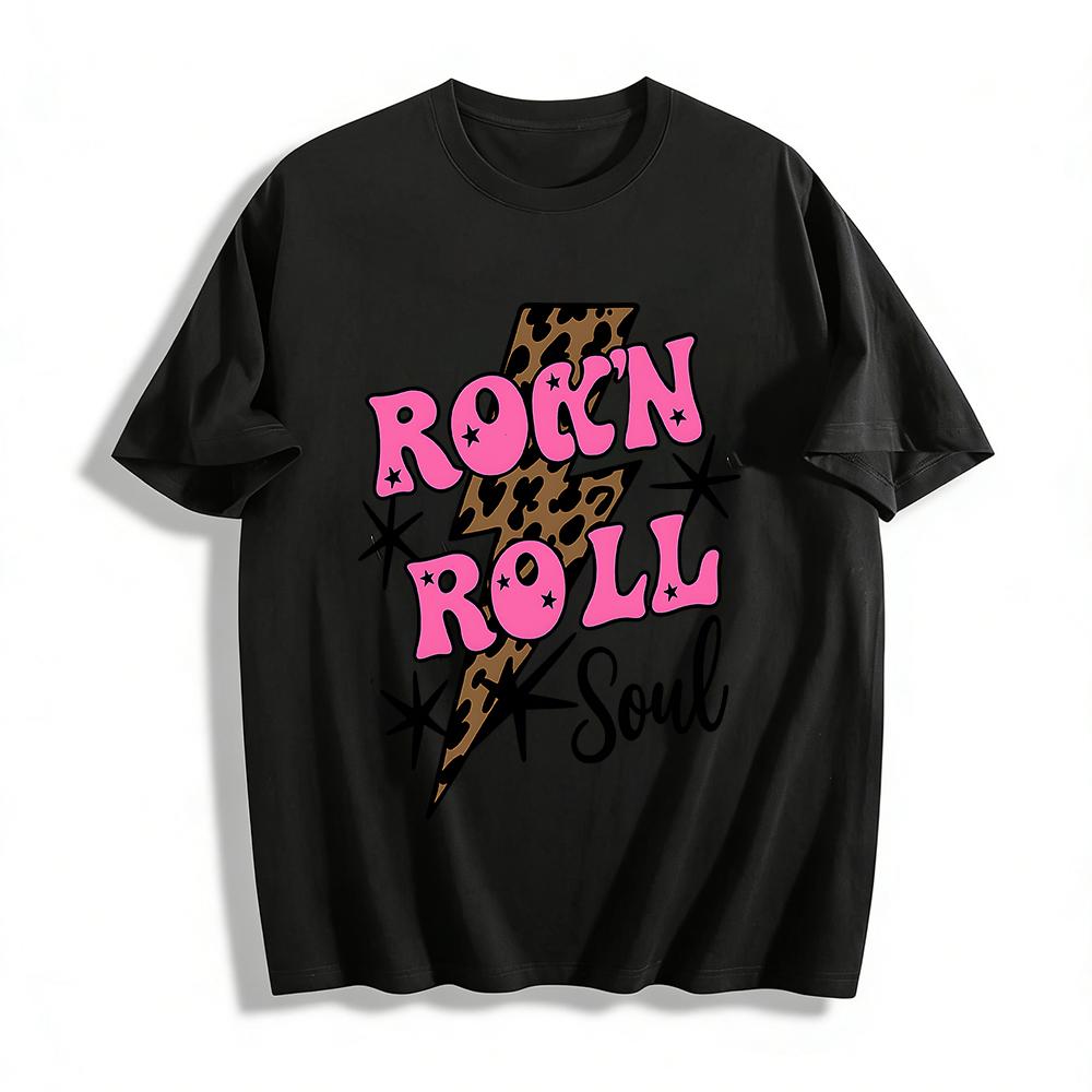 

Vintage Leopard Lightning Rock N Roll Soul Print Top Retro Street Style Loose Casual T-shirt Pure cotton T-shirt XXS