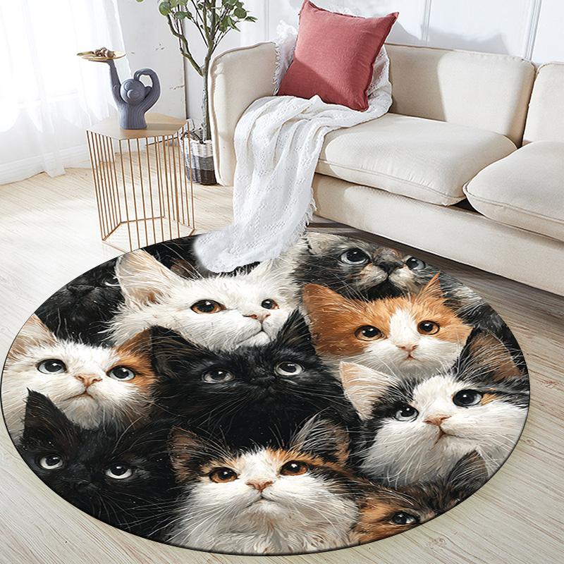 Curious Cat Round Area Rug,Carpet Rug for Living Room Bedroom Sofa Playroom Decor,Non-slip Floor Mat