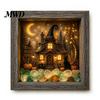 Wood Glass Picture Frame Halloween Shadow Box DIY Lighted Craft Kit, Wooden Night Light with Gothic Style Lamp Sea Stones, LED Memory Display Case for