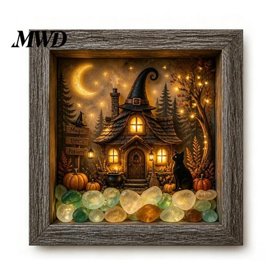 Wood Glass Picture Frame Halloween Shadow Box DIY Lighted Craft Kit, Wooden Night Light with Gothic Style Lamp Sea Stones, LED Memory Display Case for