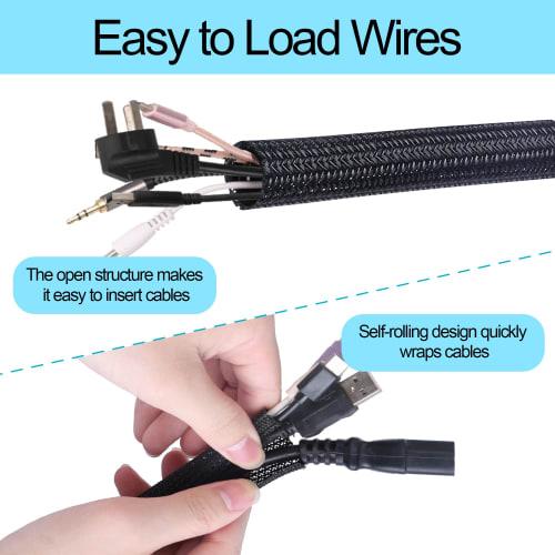 Josnown Cable Cover, Keep Your Cables Organized, Hide Untidy Wires, Braided Wire Jacket 3m Length, Expandable Diameter, Holds 3-5 Wires, Black
