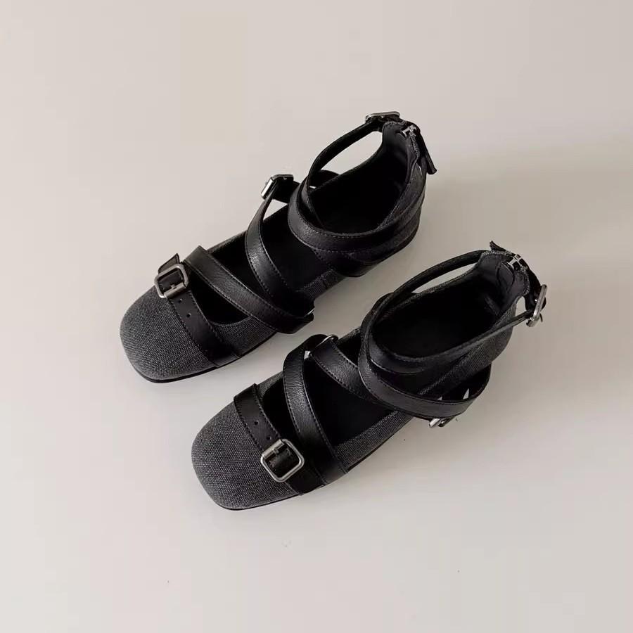 Soft leather version~ retro square head niche cross one-word buckle sports bottom ballet shoes women's versatile light mouth single shoes