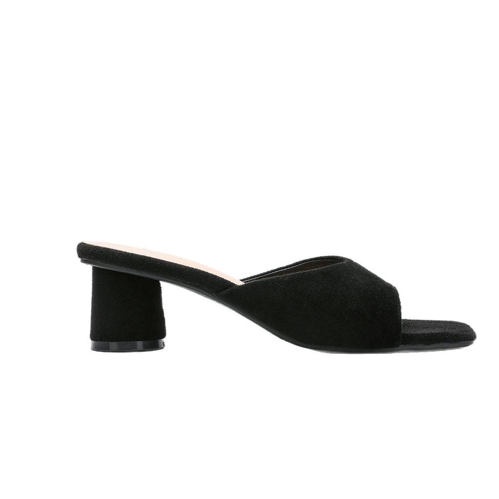 Damen Hausschuhe Sommer neue Wildleder Ein-Pedal-Schuhe schlicht und bequem dicker Absatz vielseitige Haussandalen