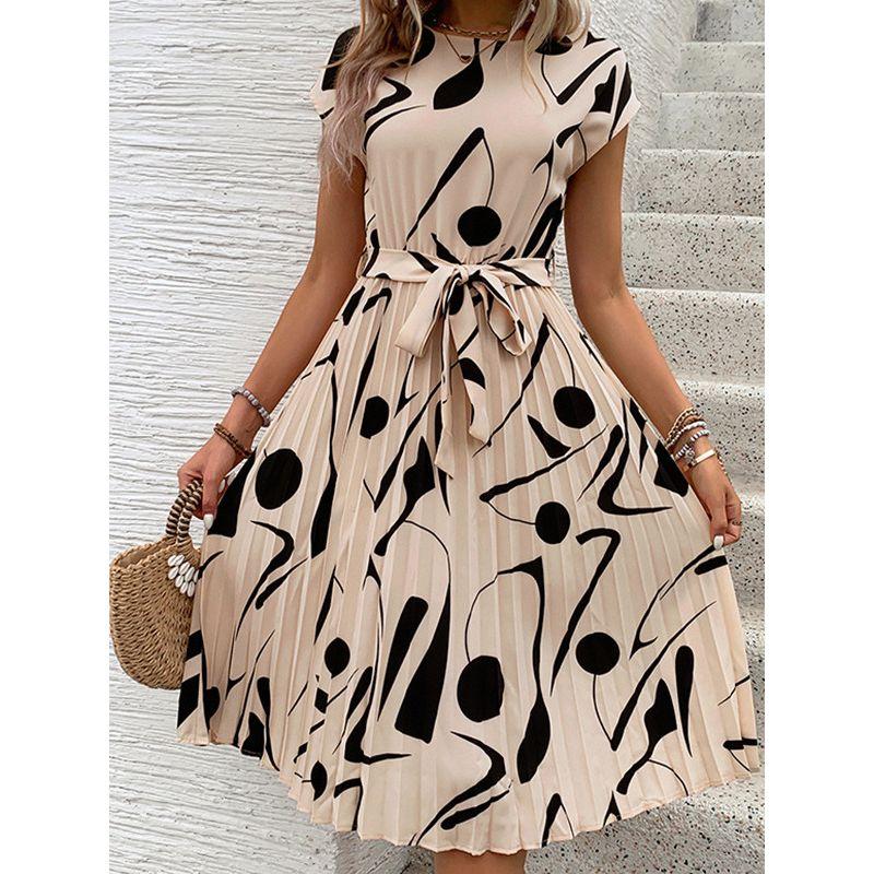 Printed round Neck Lace up Casual Dress Print round Neck Tied Dress