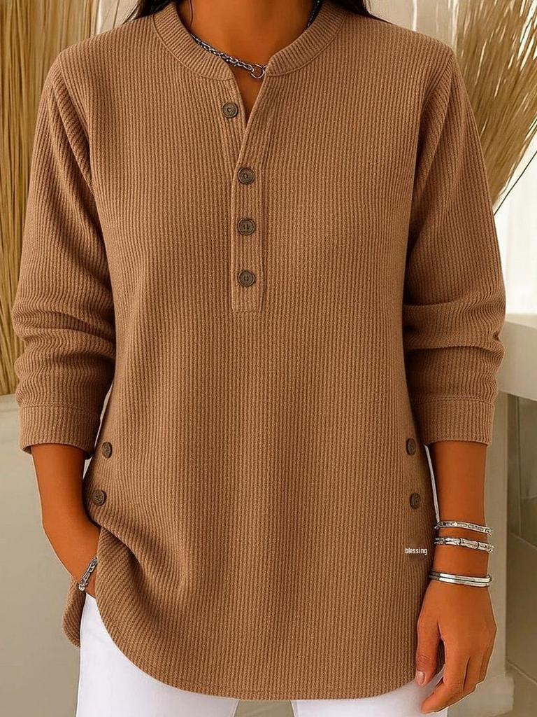 2025 Autumn/Winter Women's Solid Color Loose V-Neck Button Long Sleeve Casual Top