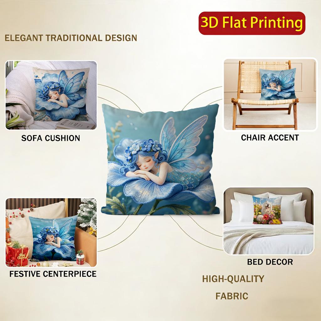 Fairy In Blue Flower Throw Pillow Covers Pattern Cushion Cover Suitable For Sofa Bedroom Car Pillow Cover