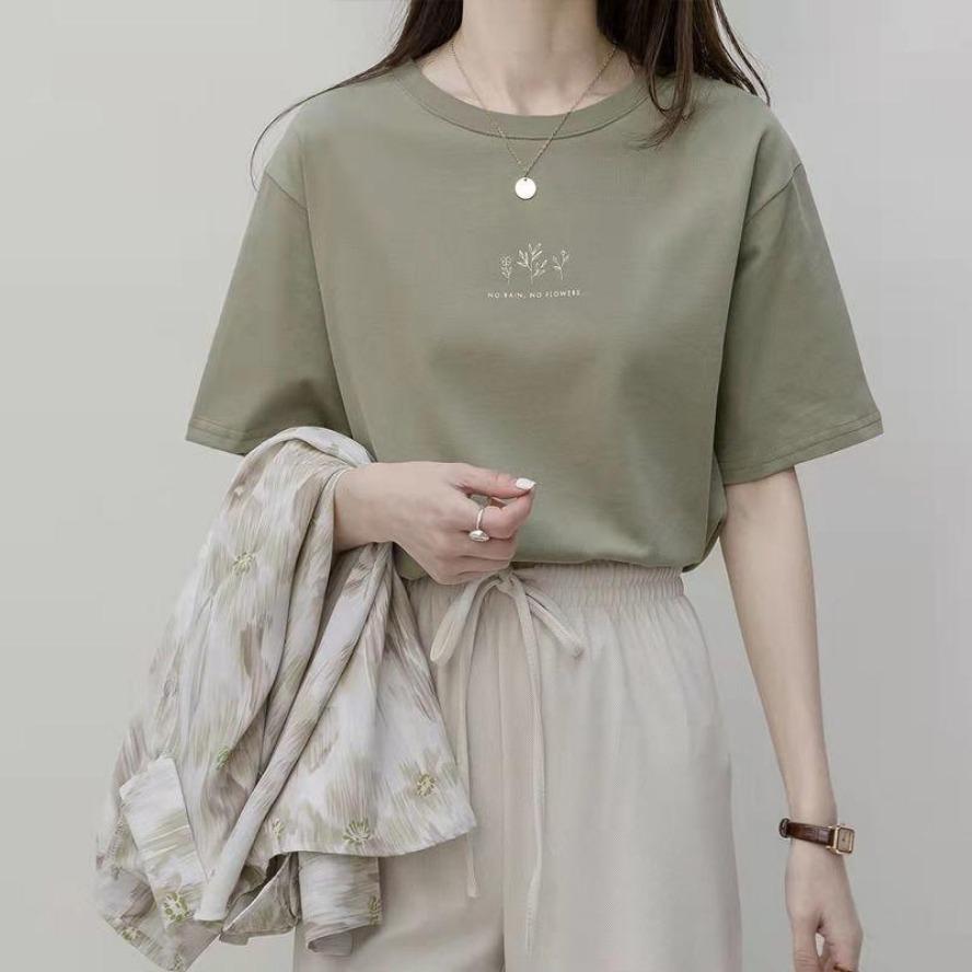 Summer Women Crew Neck T-shirt Loose Casual Solid Botanical Print Short Sleeve Tee T-shirts and Long Sleeves