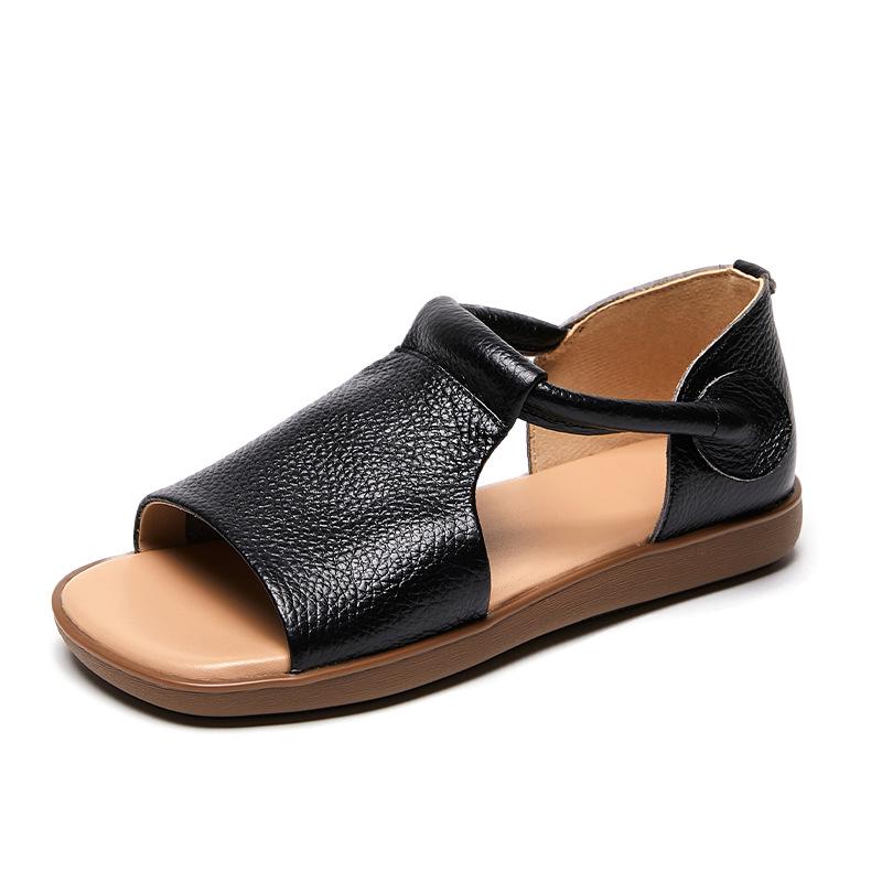 

Винтажные женские сандалии на плоской подошве ручной работы из коровьей кожи - Удобные открытые сандалии на липучке для лета 38 чёрный