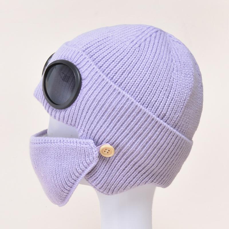 Autumn and Winter Warm Hat New Aviator Glasses Ear Protection Plus Velvet Warm Wool Knitted Hat with Mask