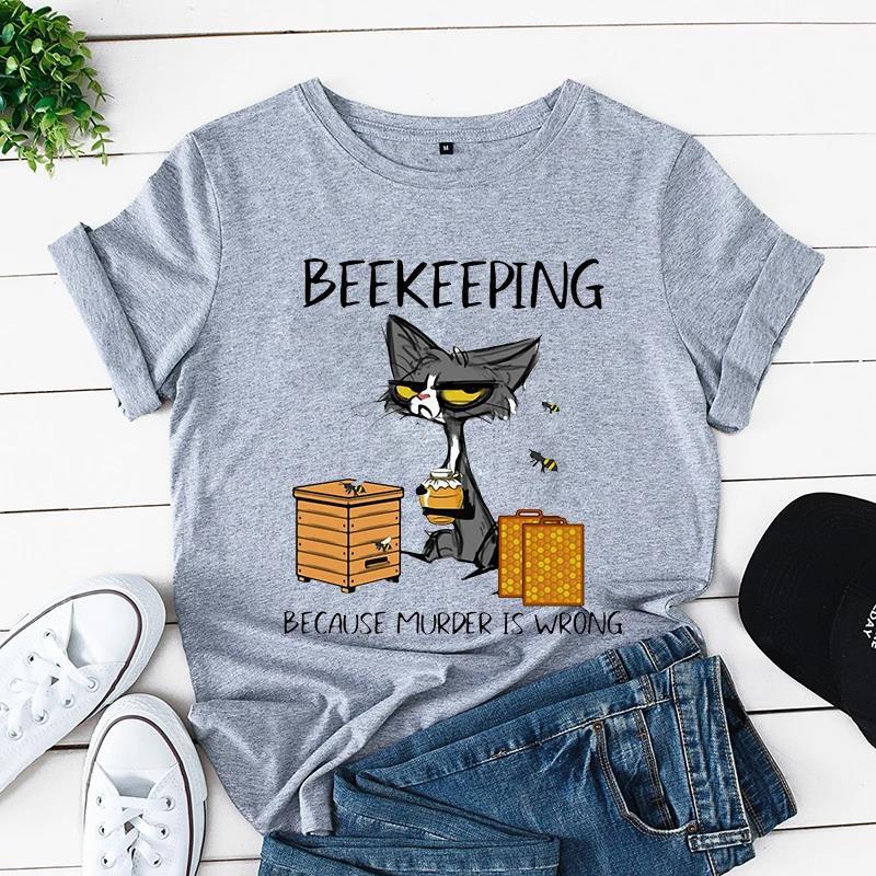 Sommer Kurzarm T-Shirt bedruckt mit Schwarzer Katze Gartenarbeit Lässig Lockeres Oberteil, Modische Reine Baumwoll-T-Shirts Damen