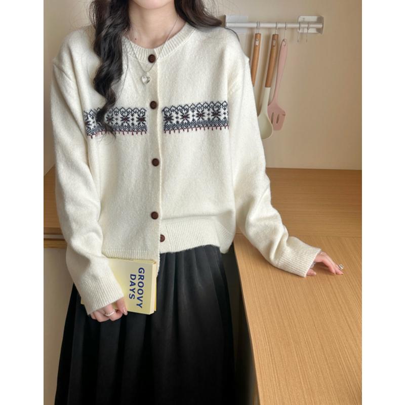 Autumn Winter Single-breasted Knitted Sweater Short Cardigan Jacket Loose Crew Neck Fashion Vintage Prined Sweaters Youth Women
