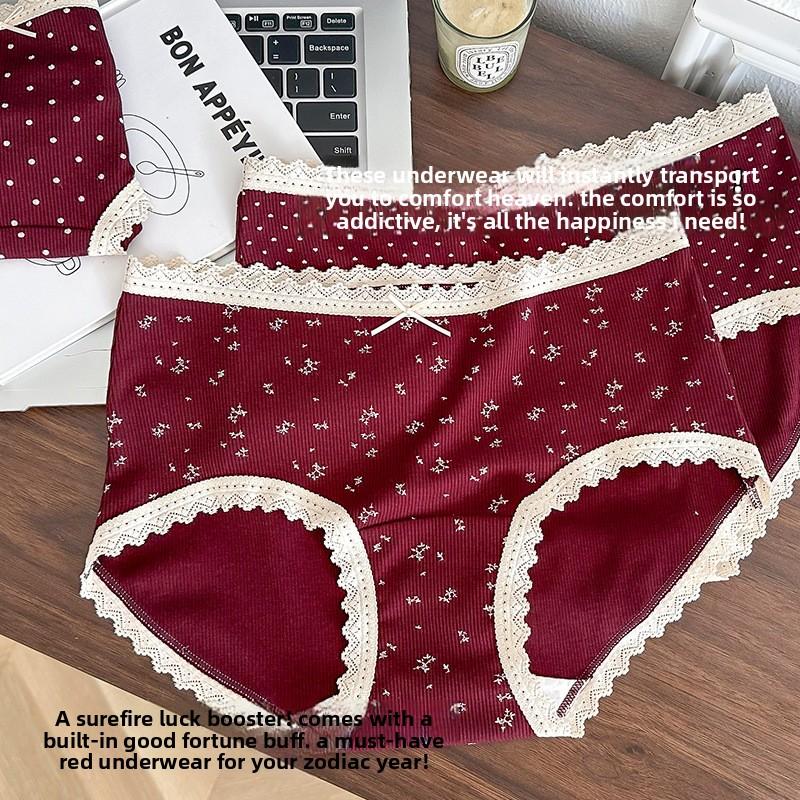 Ladies Autumn and Winter Frosted Romantic Lace Polka Dots This Year Red Breathable Briefs