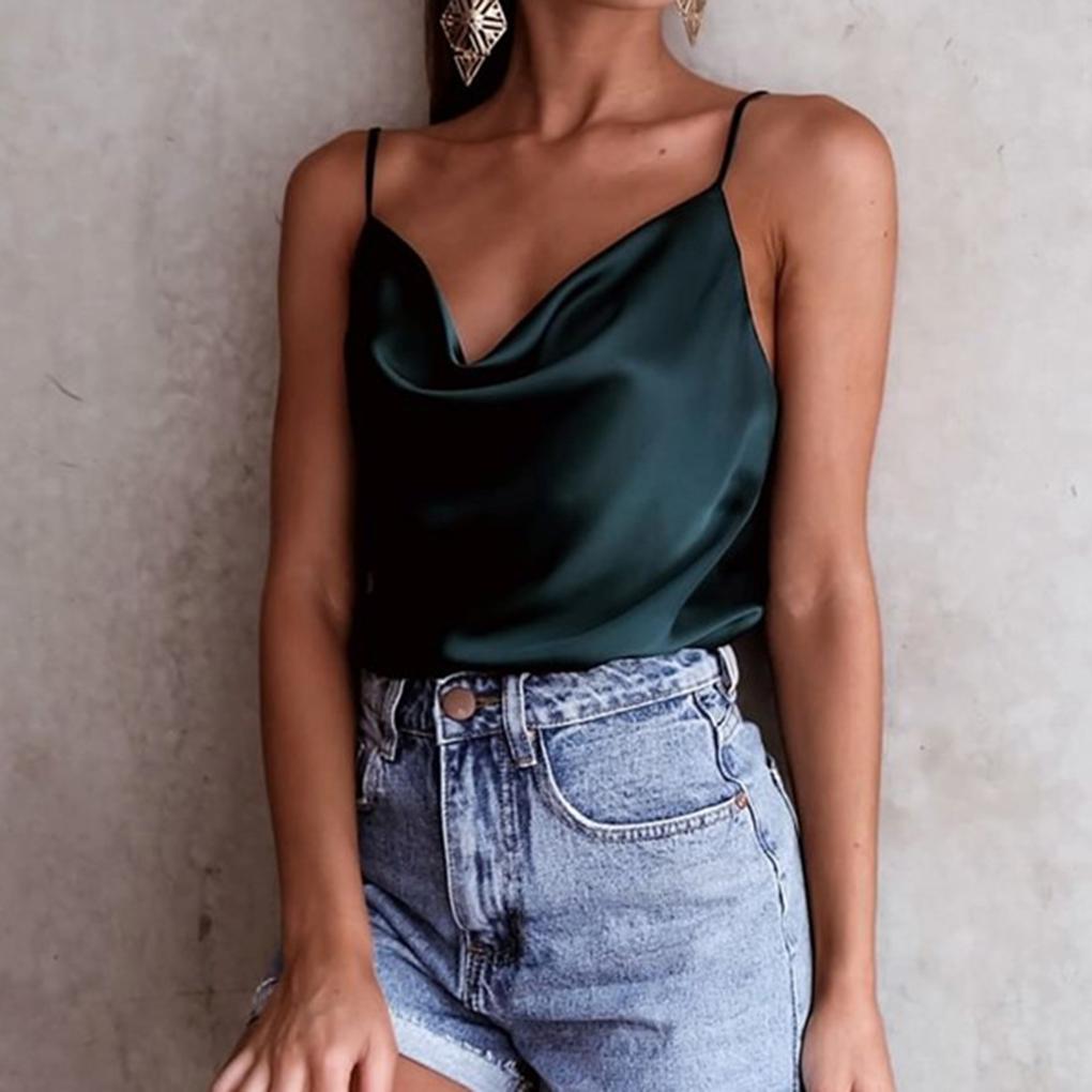 Women Summer Sexy Sling Chiffon Blouse V-neck Sleeveless Solid Color Top