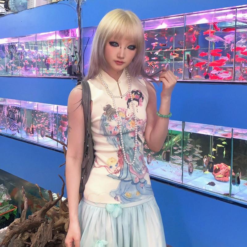 

Японская майка в рубчик Y2k, топы без рукавов с принтом Fairycore, винтажная тонкая майка в стиле Харадзюку, эстетичная одежда 2000-х годов, 90-е годы S разноцветный