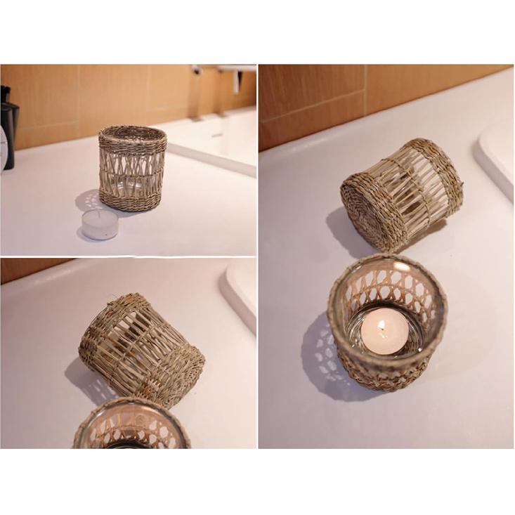 Wicker Woven Tea Light Candle Holder, Decorative Handcraft Rattan Woven Votive Candle Holder, Rustic Vintage Seagrass Glass Votive Candle Holders