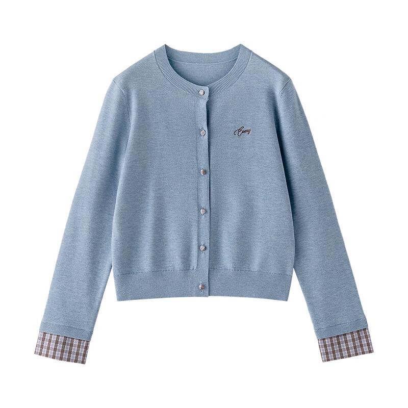 CHUYY Fall 2026 Crew Neck Knit Cardigan with Plaid Embroidery